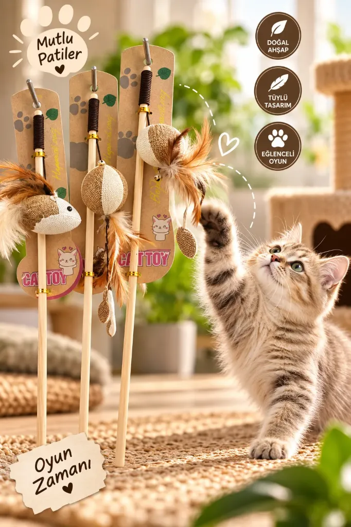 [FBS-1055] Ahşap Kedi Oltası Naturel Renk Tüylü Top *480