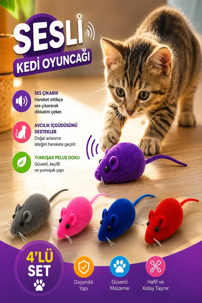 4 Lü Set Sesli Fare Kedi Oyuncağı *360