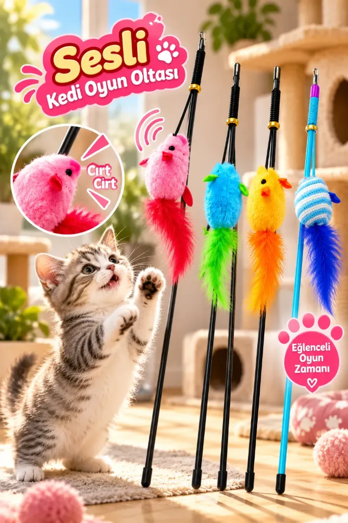 Plastik Kedi Oyun Oltası Sesli Fare *480